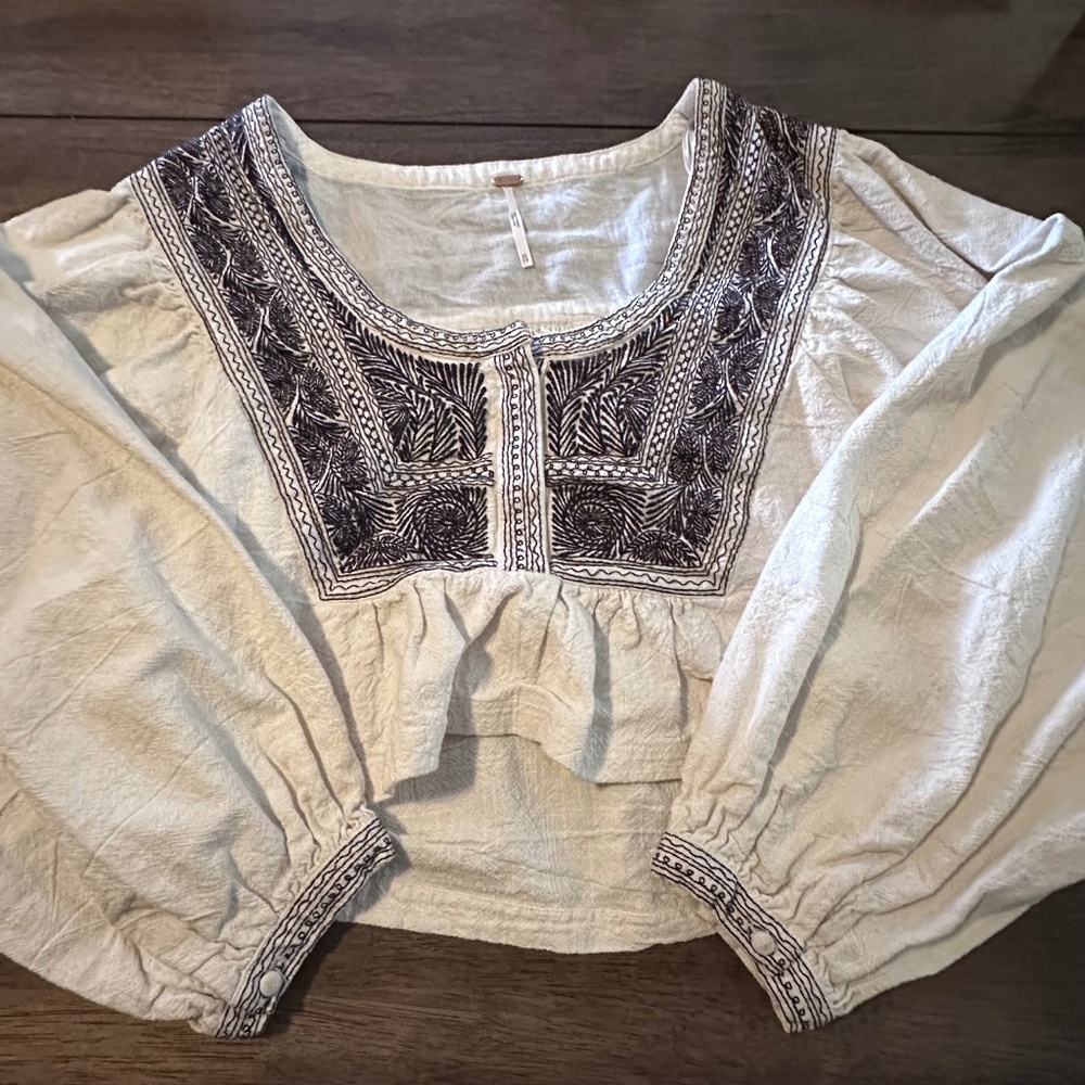 Free People Iggie Embroidered Blouse in Ivory/Black Bean-size XS